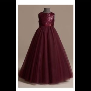 David’s Bridal HEART BACK SEQUIN AND TULLE FLOWER GIRL GOWN IN WINE